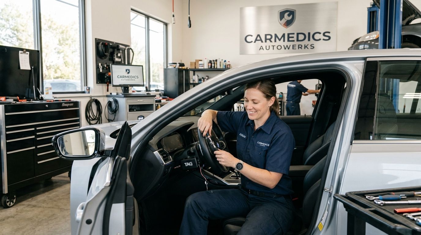 Tag Installation Near Me: Your 2026 Whitby & GTA Guide 4 A professional technician carefully installing a vehicle tracking device on the steering column of a modern car.