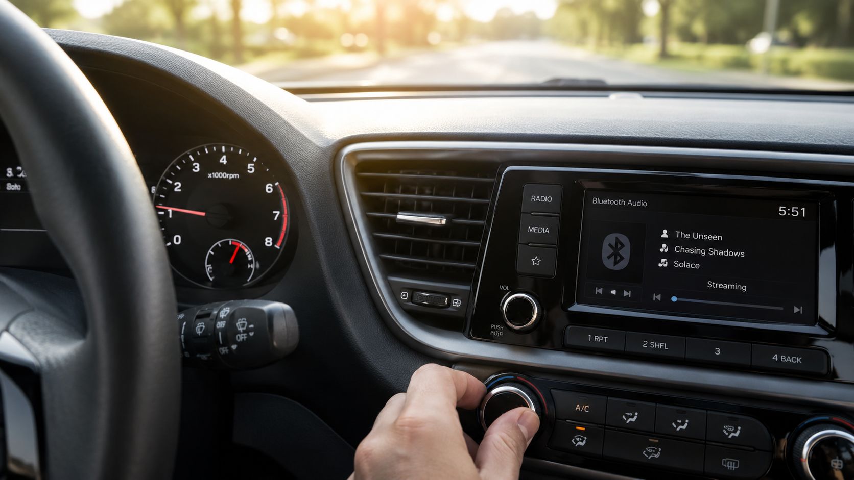 A close-up view of a car interior with a driver adjusting the climate control dial.