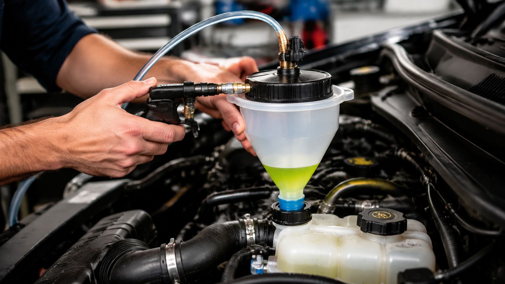 A mechanic uses a specialized funnel tool to bleed or refill coolant into a car engine cooling system.