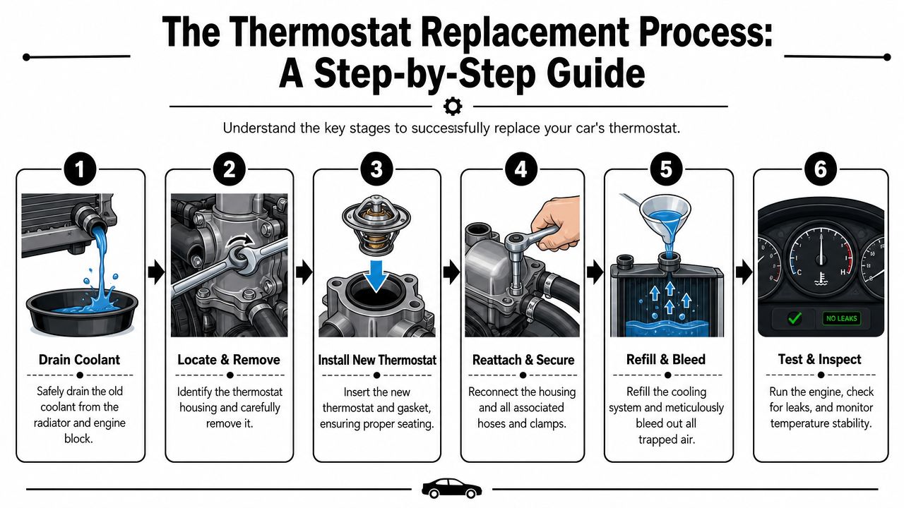 A step-by-step infographic illustrating the process of replacing a car engine thermostat from start to finish.