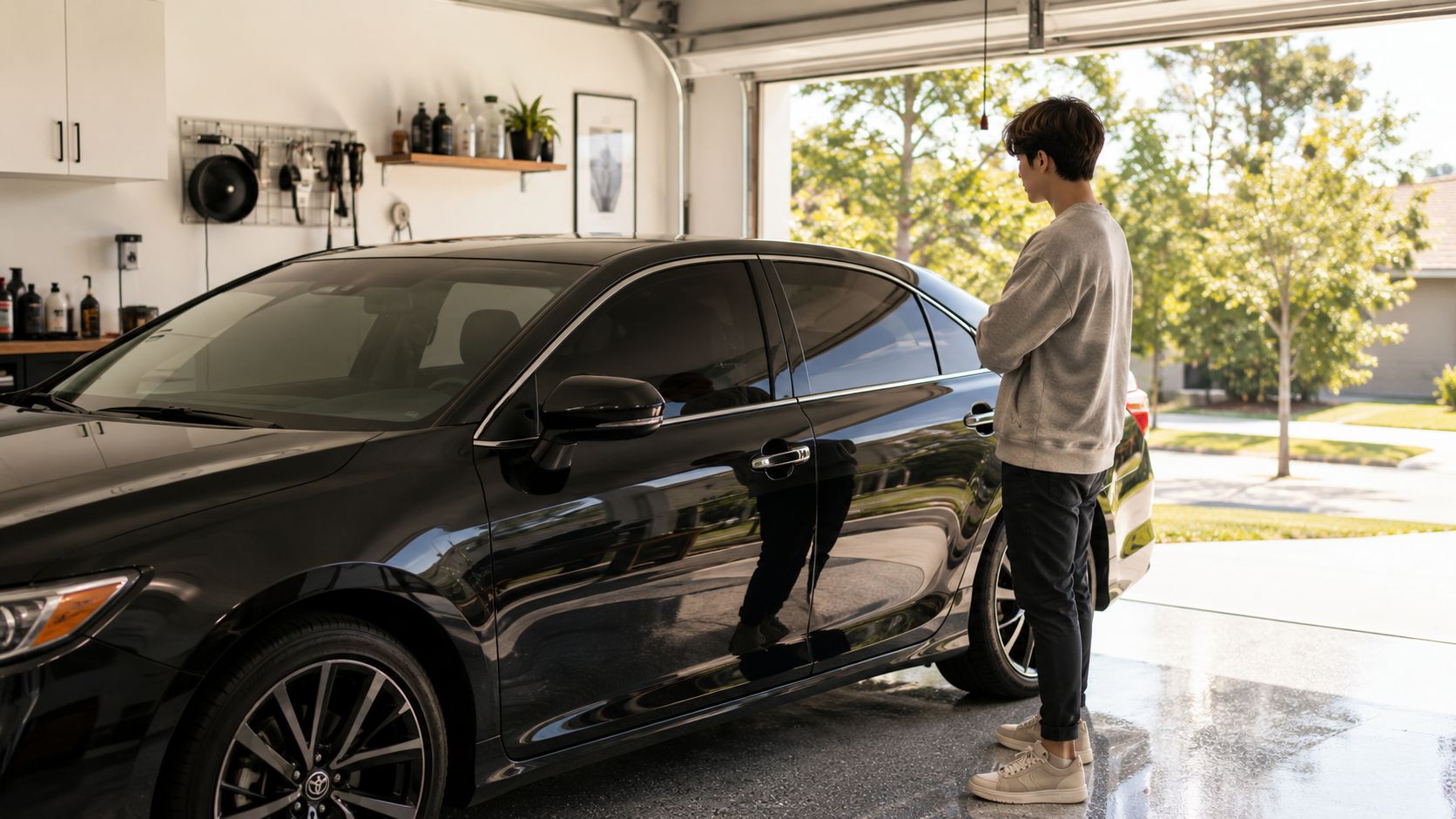 A young man standing in a garage looking at a sleek black car with tinted windows.