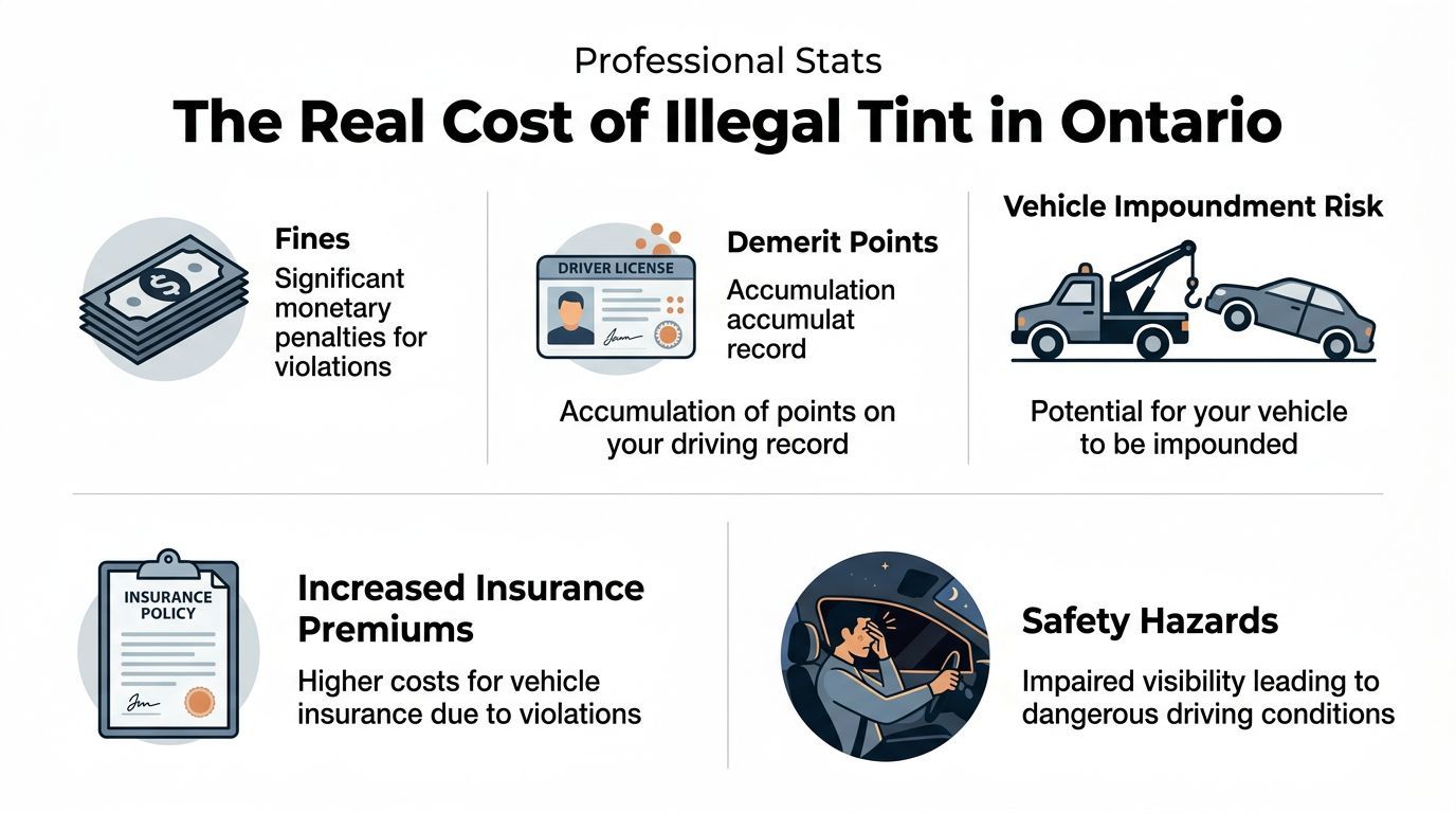 An infographic detailing the various legal, financial, and safety consequences of using illegal vehicle window tinting in Ontario.
