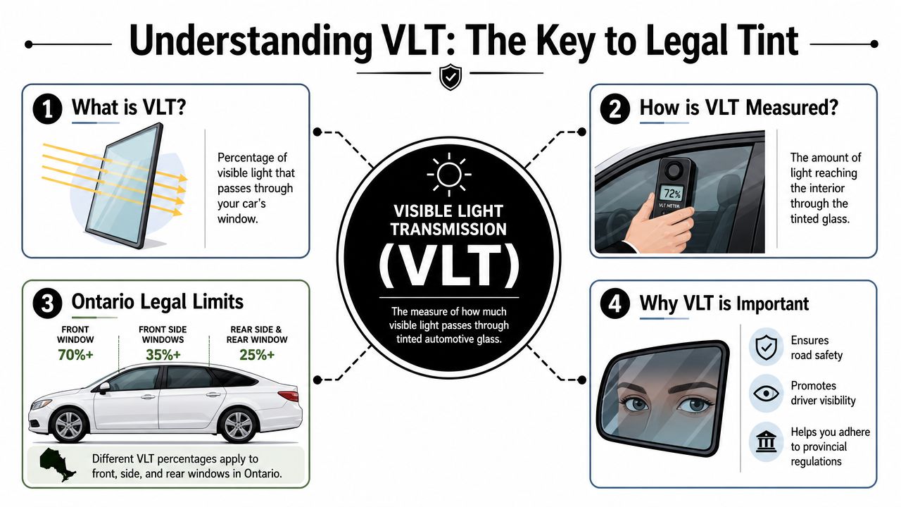An infographic explaining Visible Light Transmission (VLT) percentages for legal automotive window tinting in Ontario, Canada.