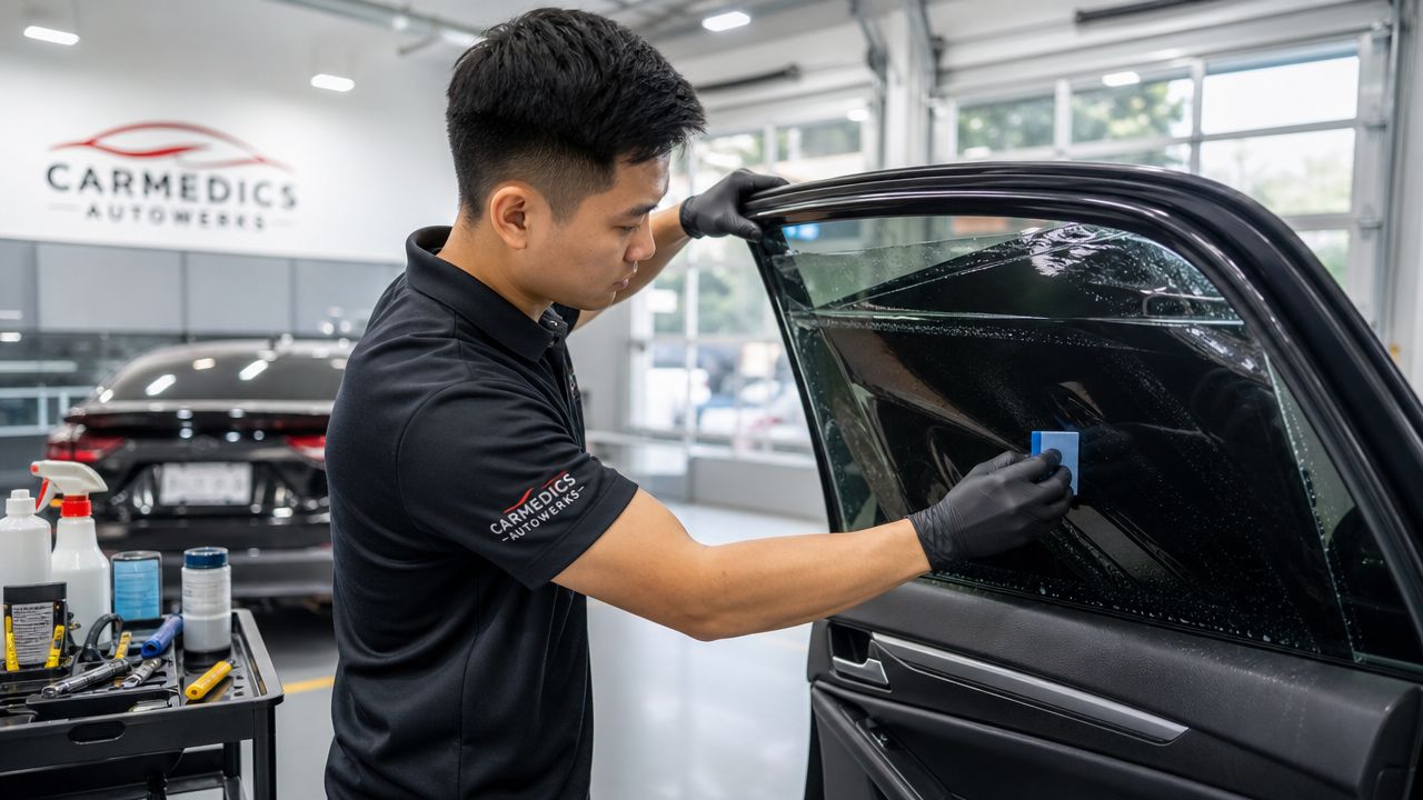 A professional technician carefully applying dark window tint film to a car door glass in a workshop.