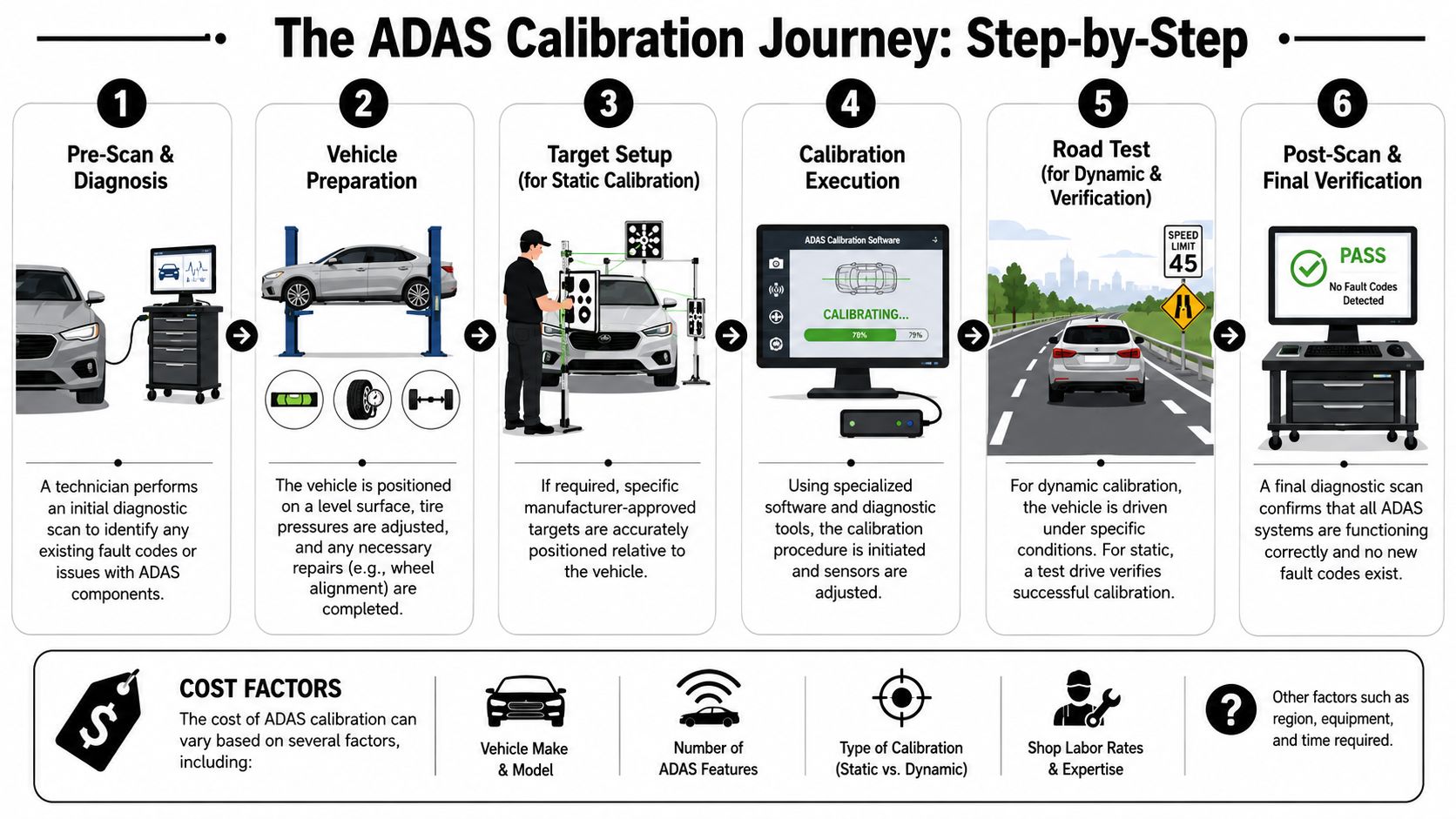What Is ADAS Calibration: Essential Safety Guide 2026 3 An infographic detailing the six-step ADAS calibration journey for vehicles, including diagnostic, preparation, and verification processes.
