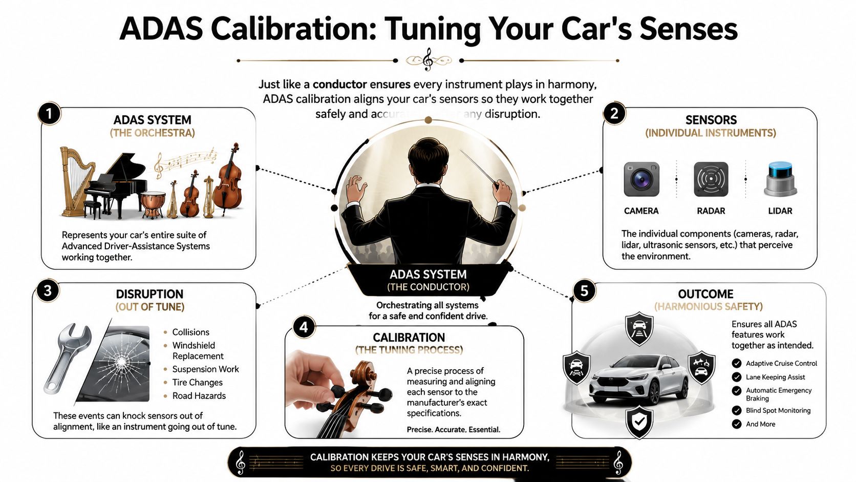 What Is ADAS Calibration: Essential Safety Guide 2026 1 An infographic titled ADAS Calibration, illustrating how car sensors are tuned like musical instruments for safety.