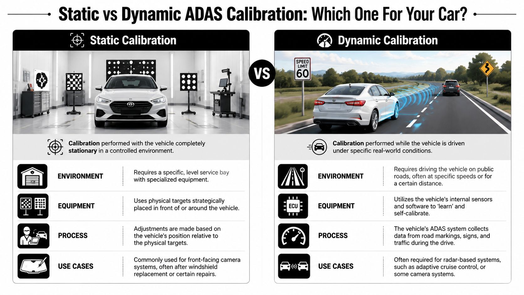 What Is ADAS Calibration: Essential Safety Guide 2026 2 A comparison infographic between static and dynamic ADAS calibration methods used for vehicle safety systems.