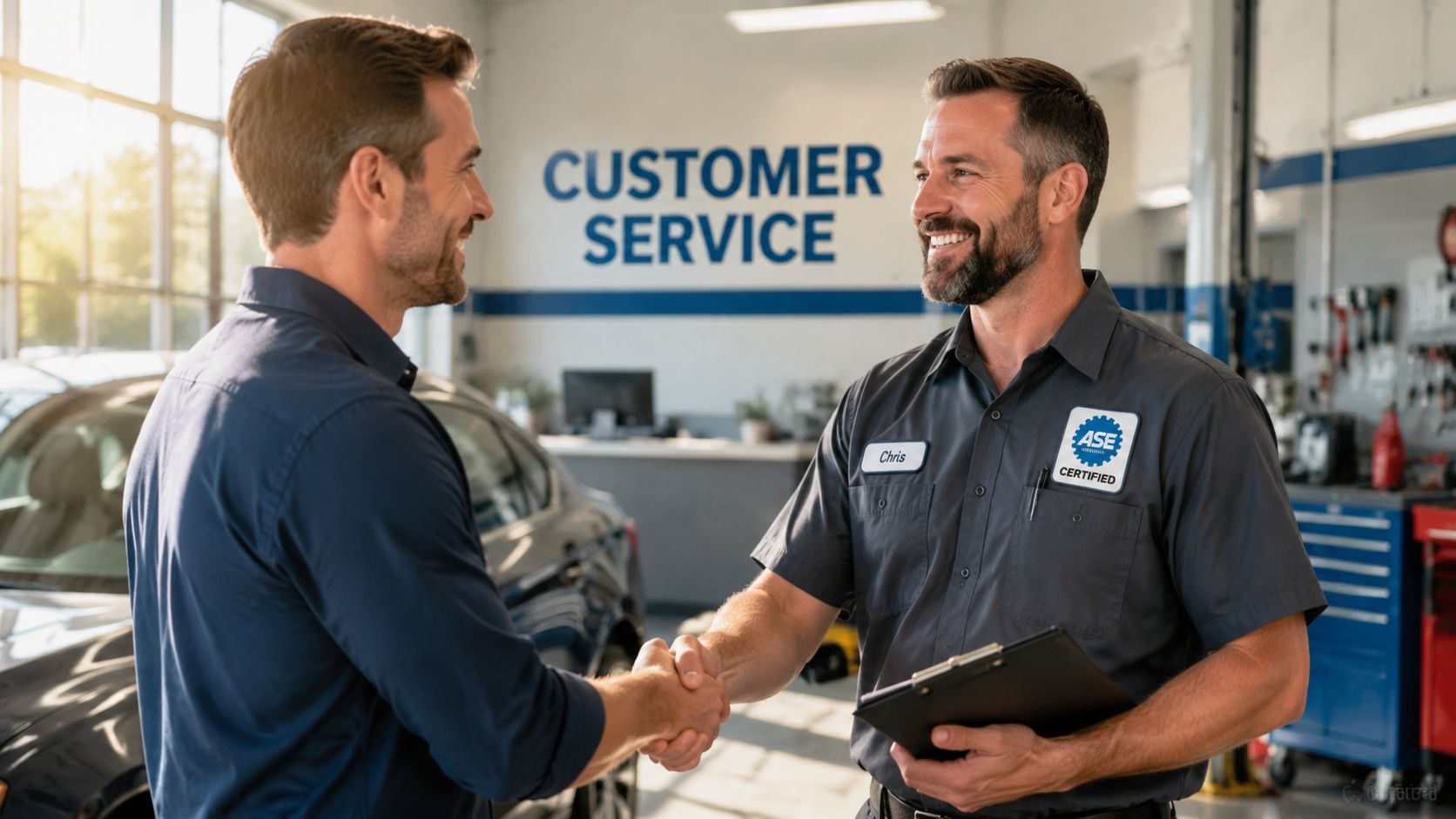What Is Auto Body Repair: Your Essential 2026 Guide 4 A professional mechanic shaking hands with a customer at a car repair shop service center.