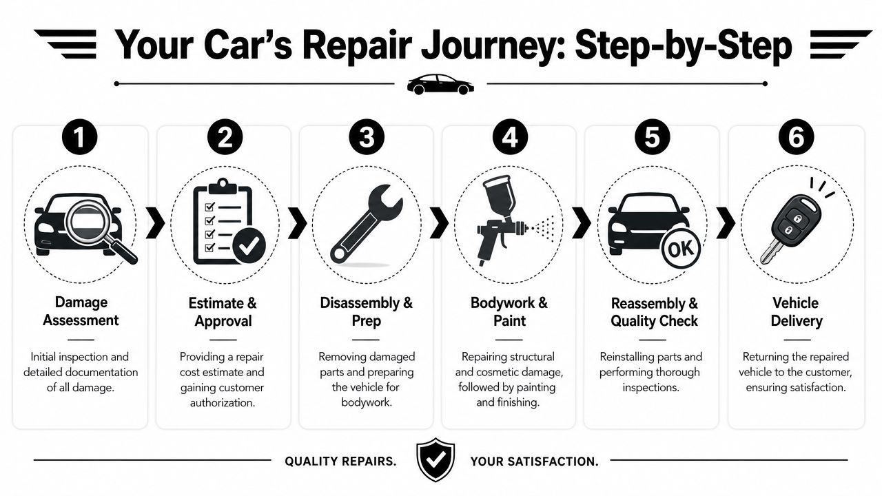 What Is Auto Body Repair: Your Essential 2026 Guide 3 A step-by-step infographic illustrating the professional auto body repair process from damage assessment to vehicle delivery.