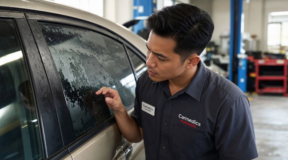 A professional mechanic examining damaged window tint on a car at an automotive repair shop.