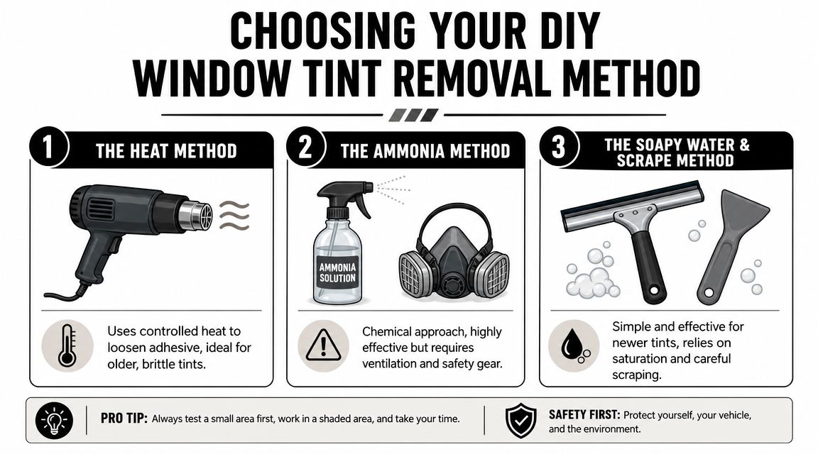 An infographic showing three DIY methods for removing car window tint using heat, ammonia, or soapy water.