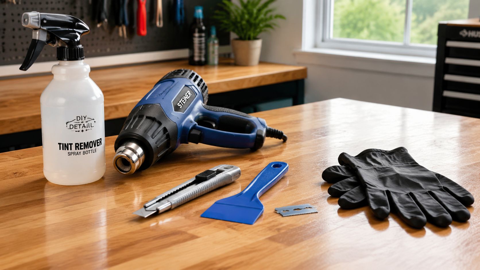 A workshop table displaying window tint removal tools including a spray bottle, heat gun, utility knife, and gloves.