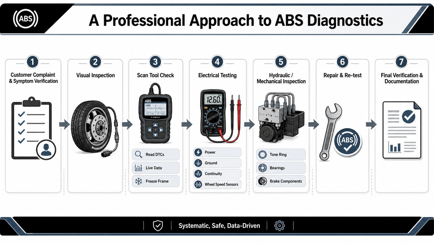 A flowchart infographic outlining a professional seven-step process for diagnosing and repairing automotive ABS brake systems.