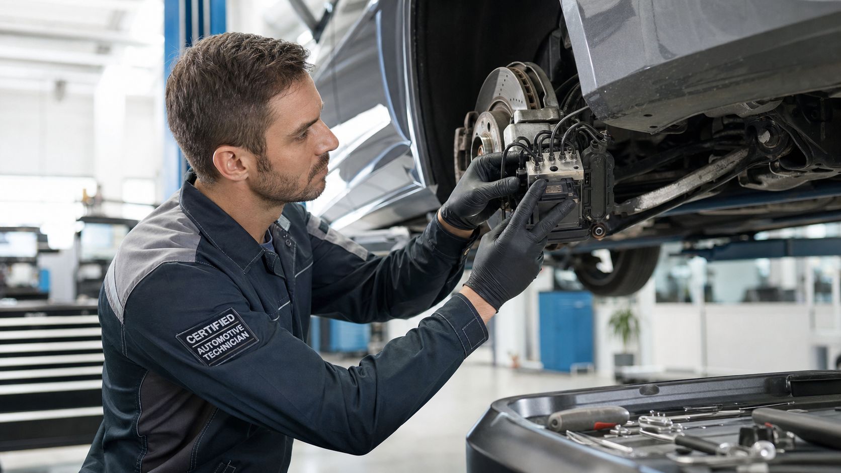 A professional mechanic wearing gloves performs a repair on a car ABS system in an auto shop.