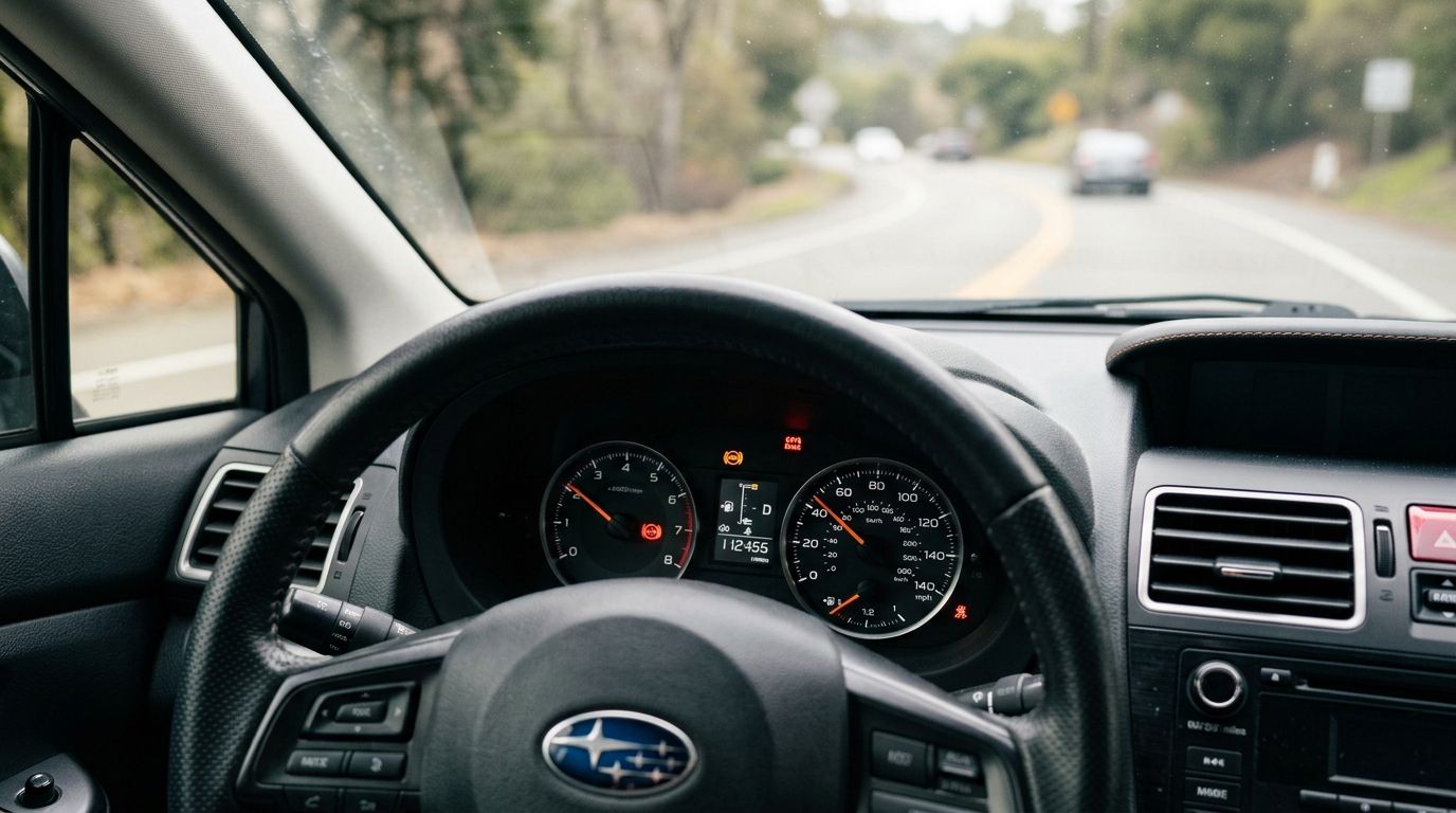 A view from the driver's seat of a Subaru car showing the dashboard illuminated with warning lights.