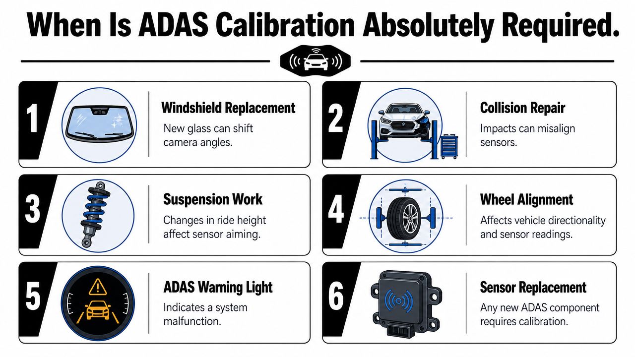 An infographic showing six common scenarios where professional ADAS vehicle calibration is strictly required for safety.