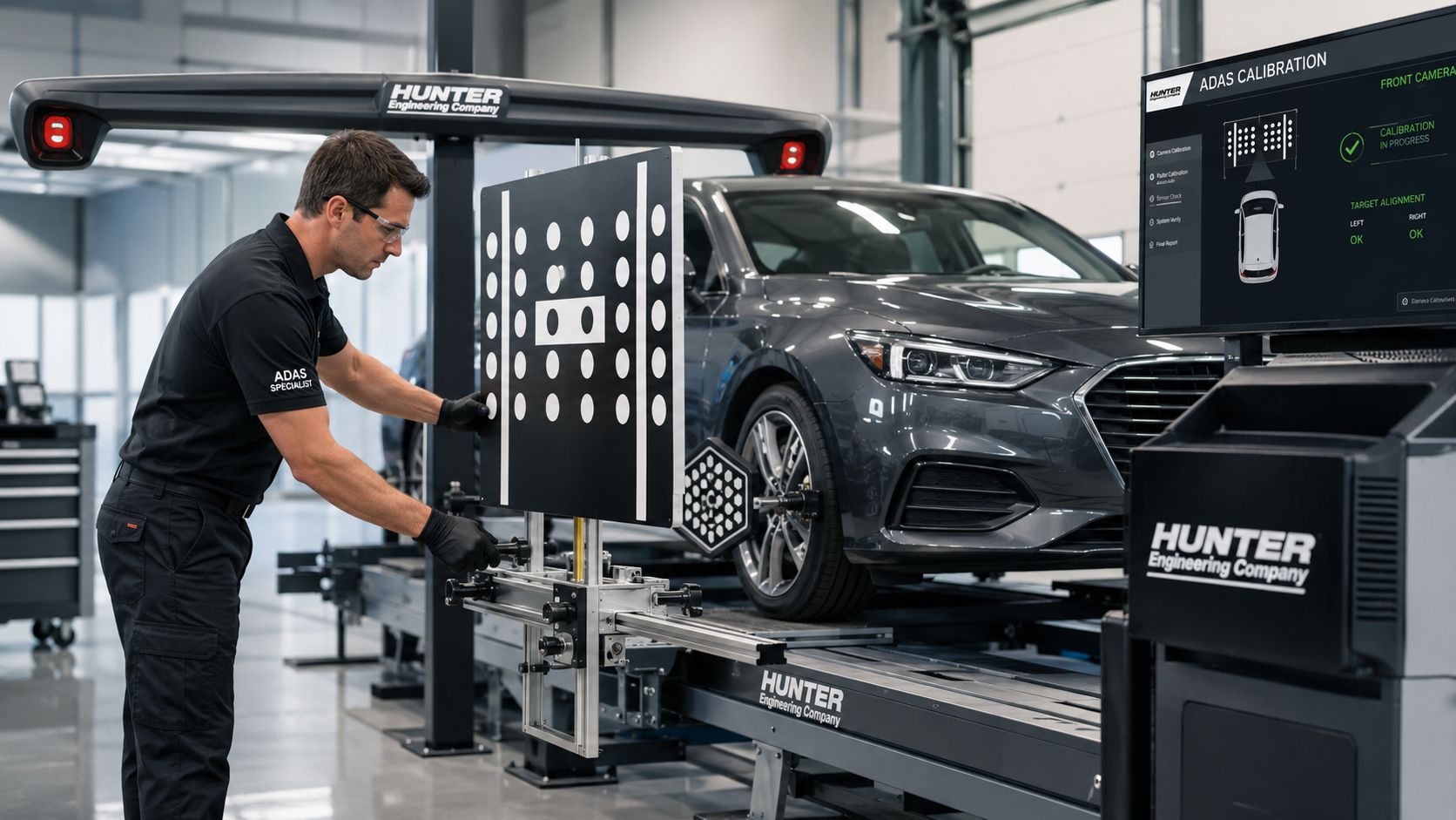 A professional technician performing ADAS calibration on a modern vehicle in an automotive workshop.