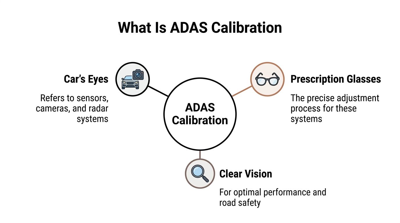 An infographic explaining ADAS calibration as car eyes, prescription glasses, and clear vision for road safety.