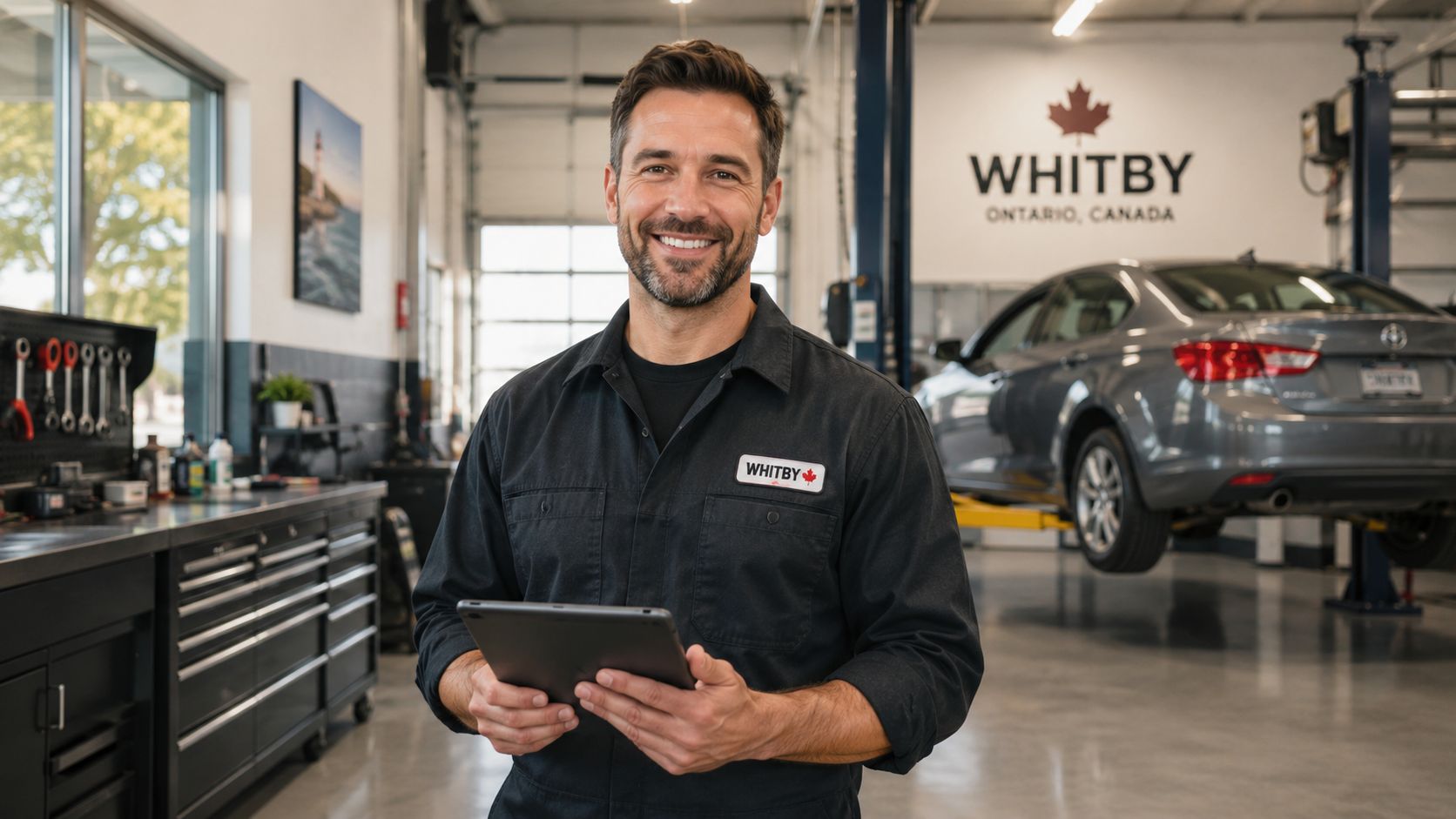 Affordable Auto Repair: Whitby Guide 2026 14 A professional smiling auto mechanic in a clean garage workshop, holding a tablet and wearing a uniform.