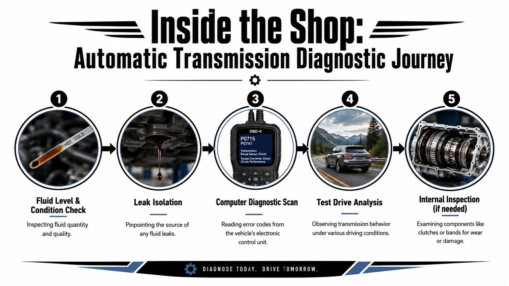 An infographic showing the five-step diagnostic process for identifying and repairing automatic transmission issues in a vehicle.