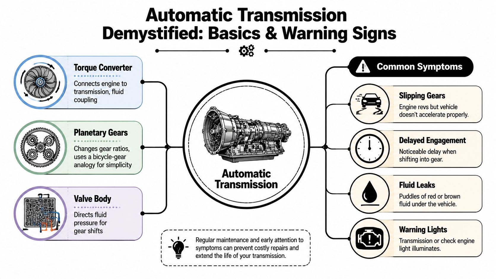 An infographic explaining the basic components and common warning symptoms of an automatic vehicle transmission system.