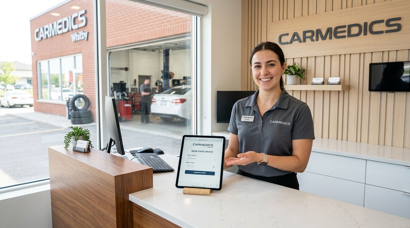 A friendly customer service representative stands behind a front desk at a Carmedics auto repair shop.