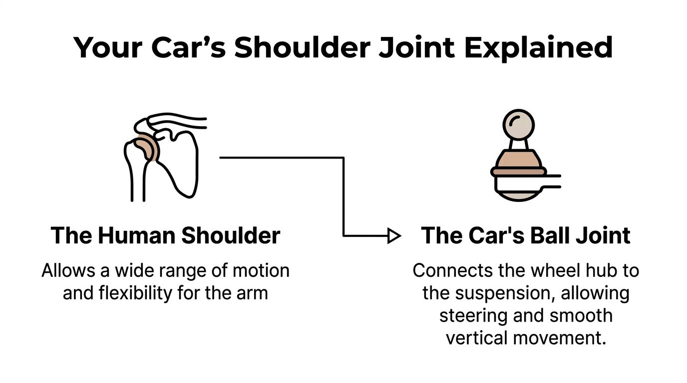A diagram comparing the range of motion of a human shoulder joint to a car ball joint.