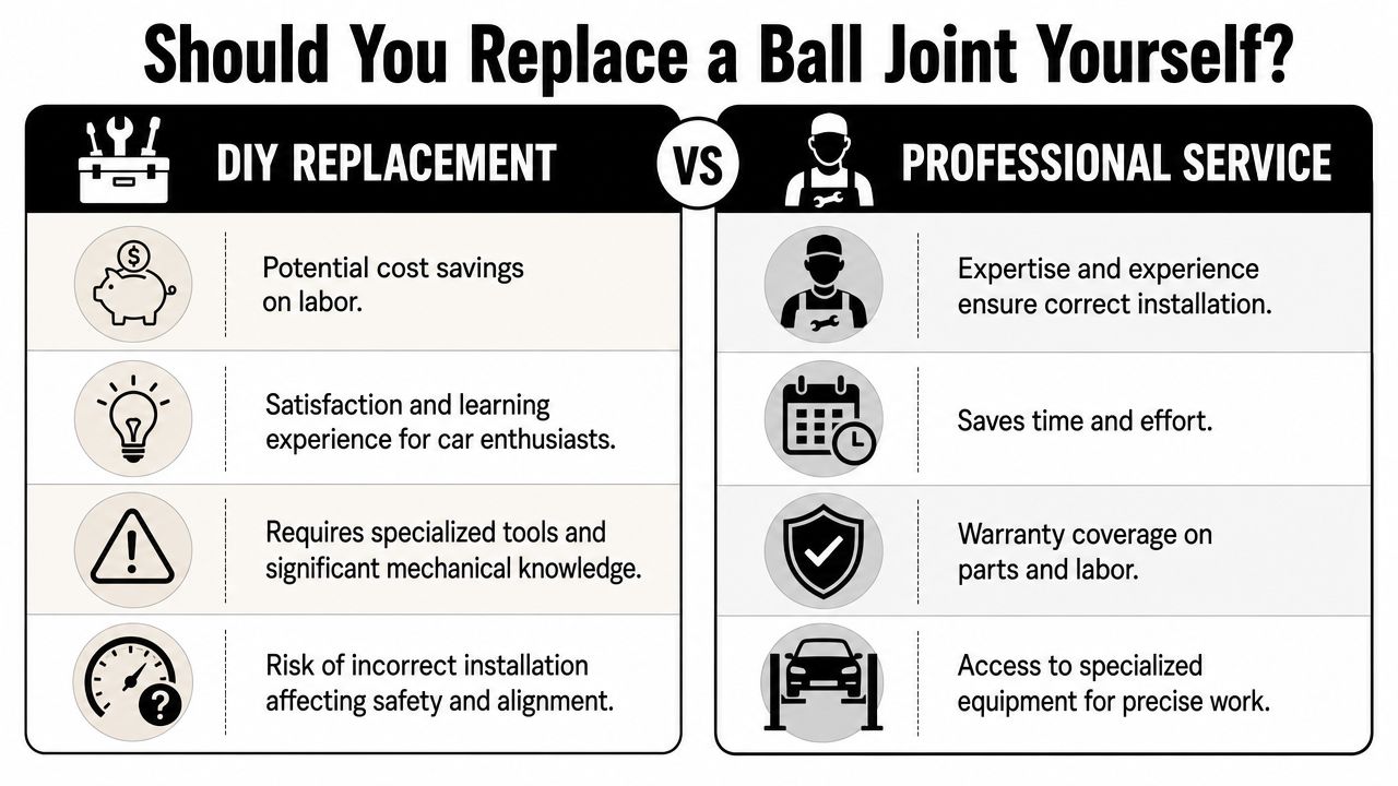 A comparison infographic detailing the pros and cons of DIY ball joint replacement versus professional mechanic service.