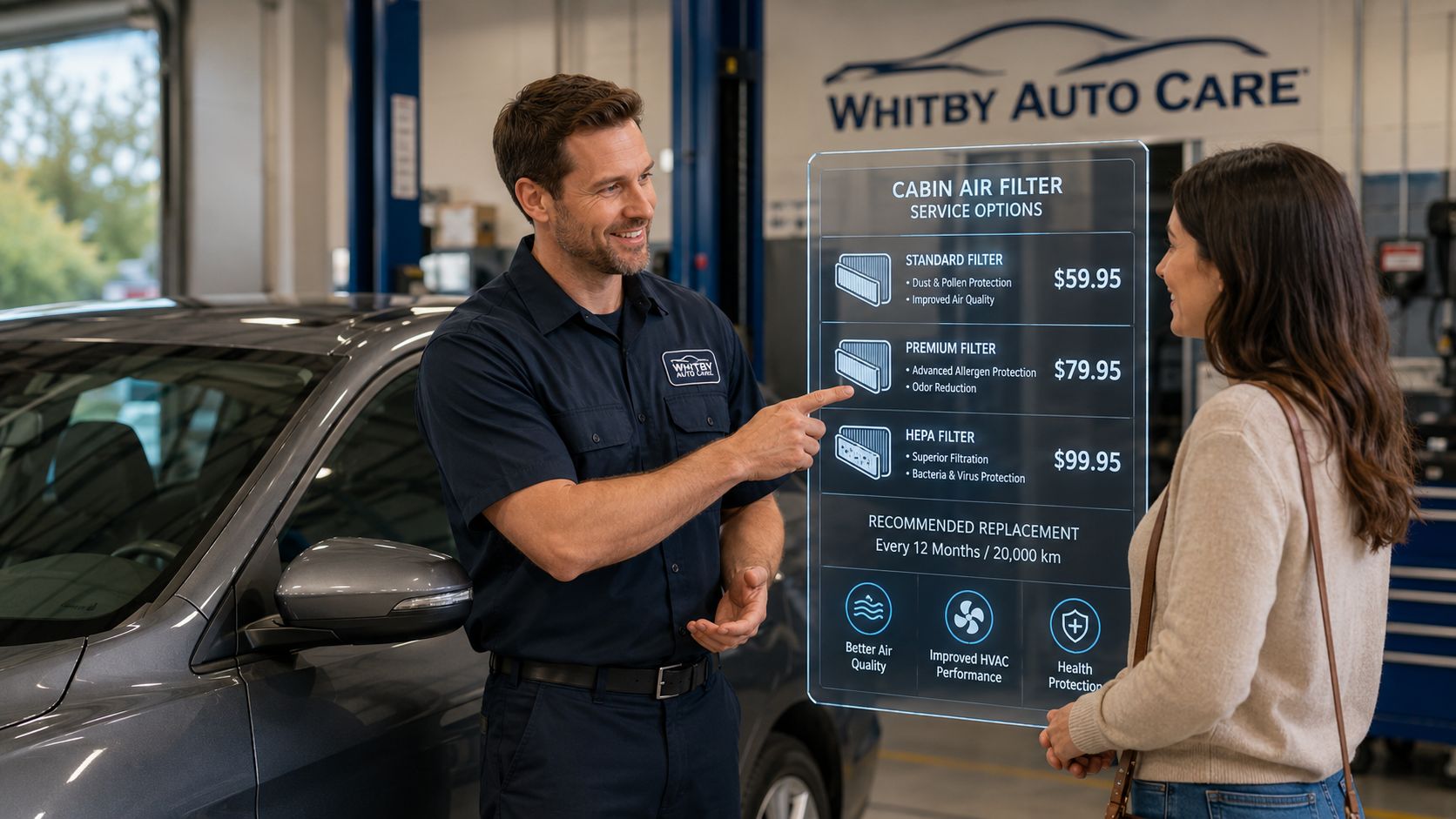 Cabin Air Filter Change Cost: A 2026 Guide for Drivers 18 A mechanic explains different cabin air filter service options displayed on a digital screen to a customer.