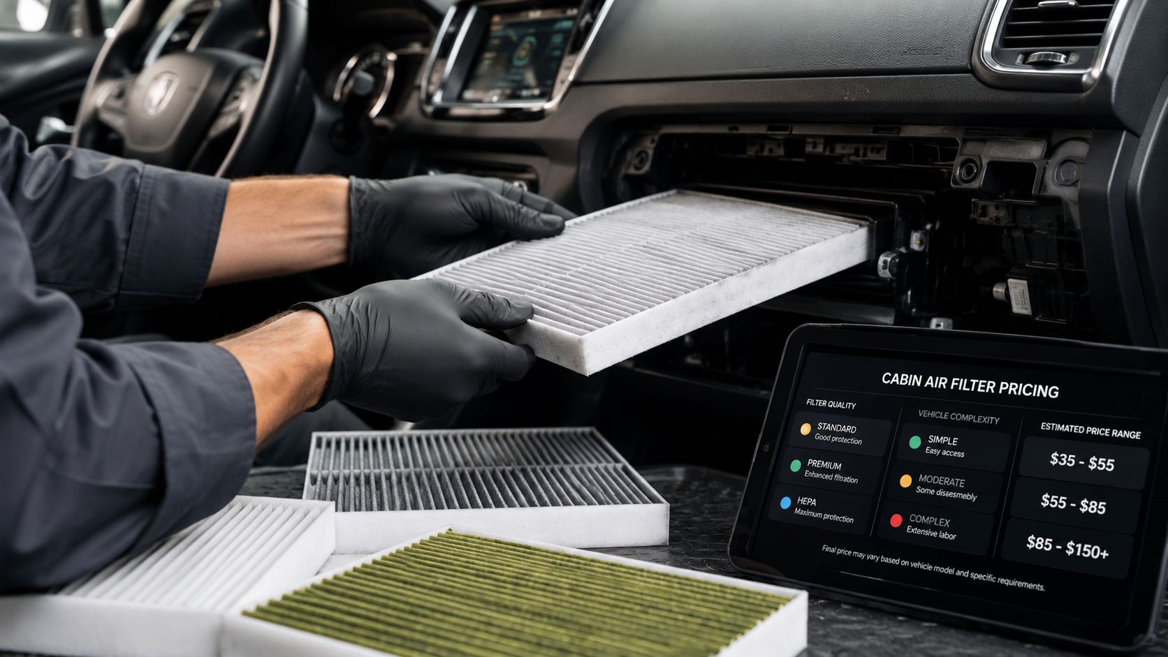 Cabin Air Filter Change Cost: A 2026 Guide for Drivers 16 A mechanic wearing black gloves replacing a dirty car cabin air filter while a tablet shows pricing.
