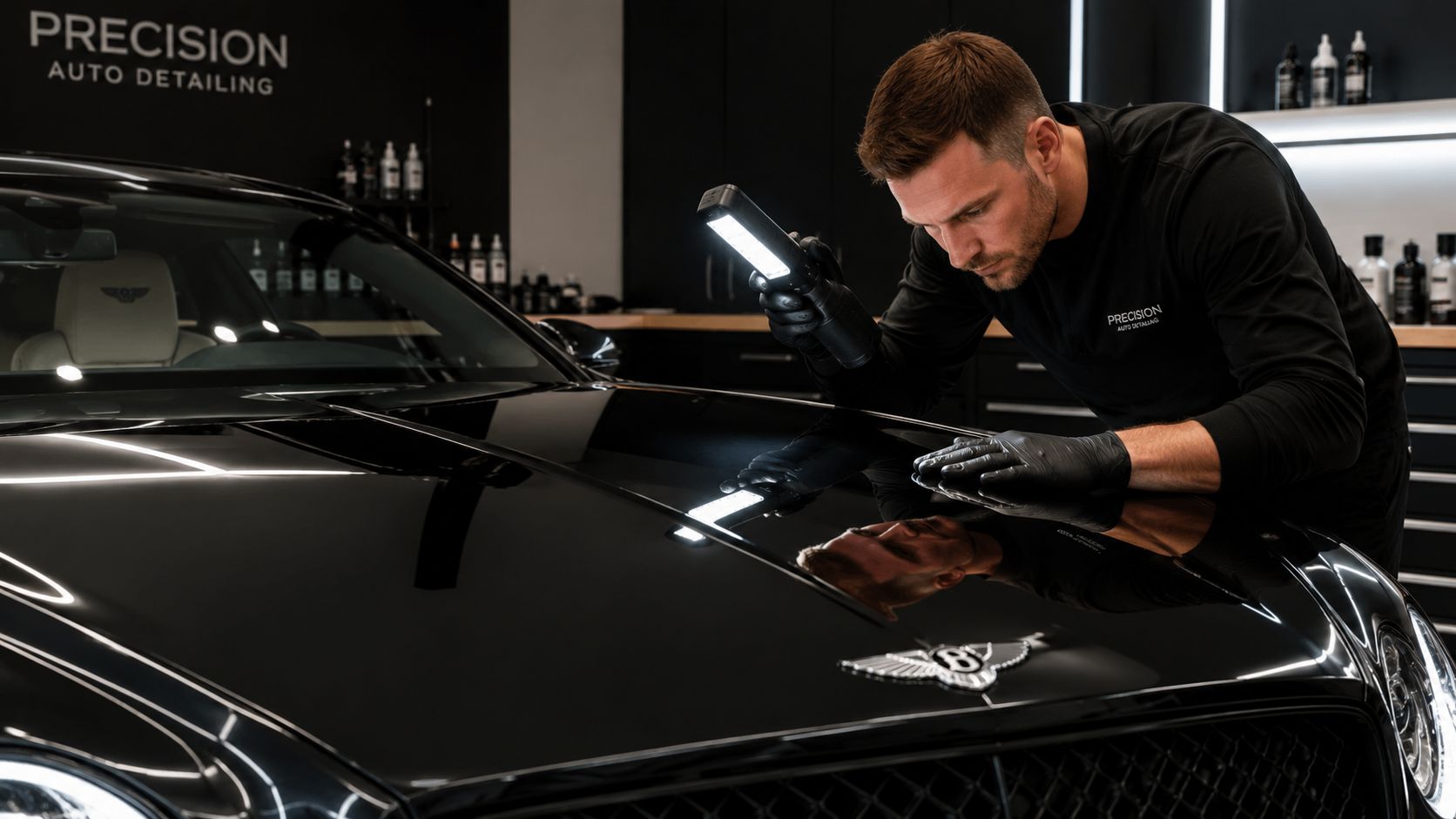 Can You Put Ceramic Coating Over PPF: The 2026 Guide 4 A professional auto detailer inspecting the surface of a black car with a portable light in a garage.