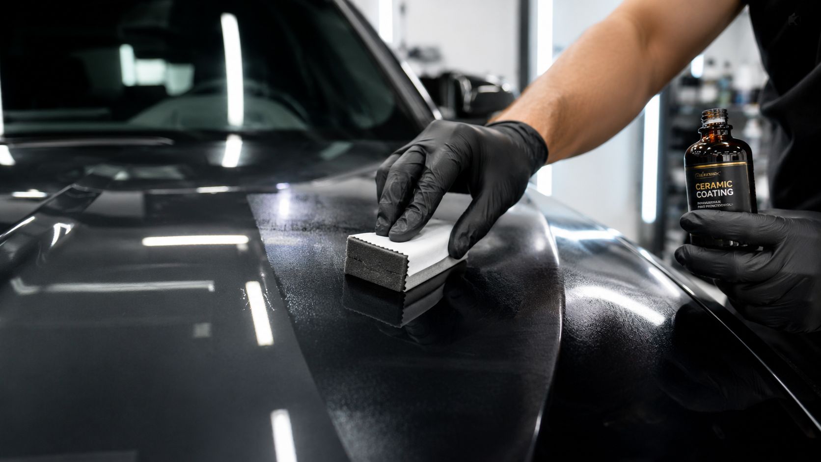 Can You Put Ceramic Coating Over PPF: The 2026 Guide 2 A professional technician wearing black gloves applying ceramic coating to a car hood with an applicator block.