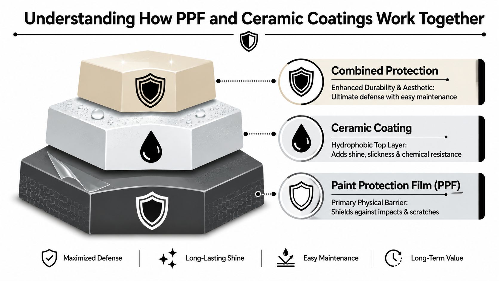 Can You Put Ceramic Coating Over PPF: The 2026 Guide 1 A diagram illustrating how Paint Protection Film and ceramic coatings provide combined protective benefits for car paint.