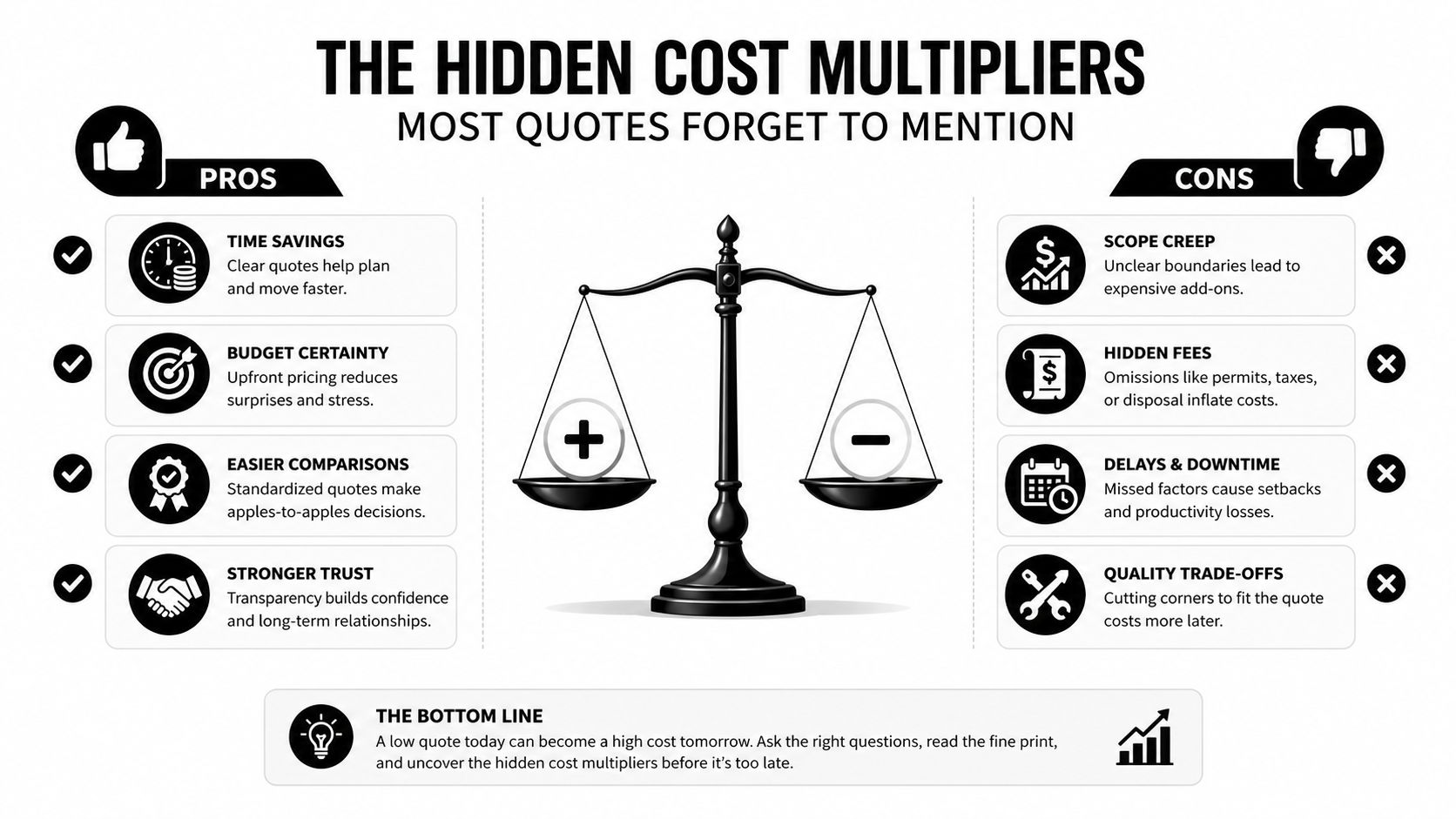 A comparison infographic showing the pros and cons of project quotes and hidden cost multipliers.