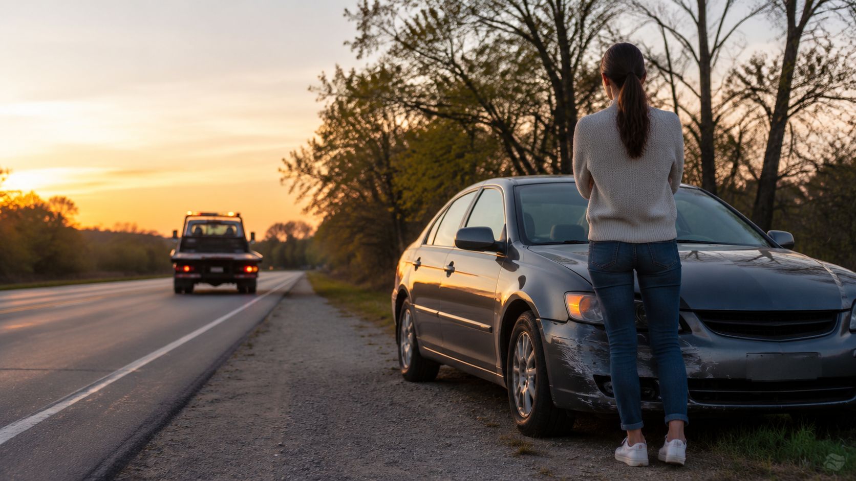 A woman stands beside her damaged car on the side of a road as a tow truck approaches.