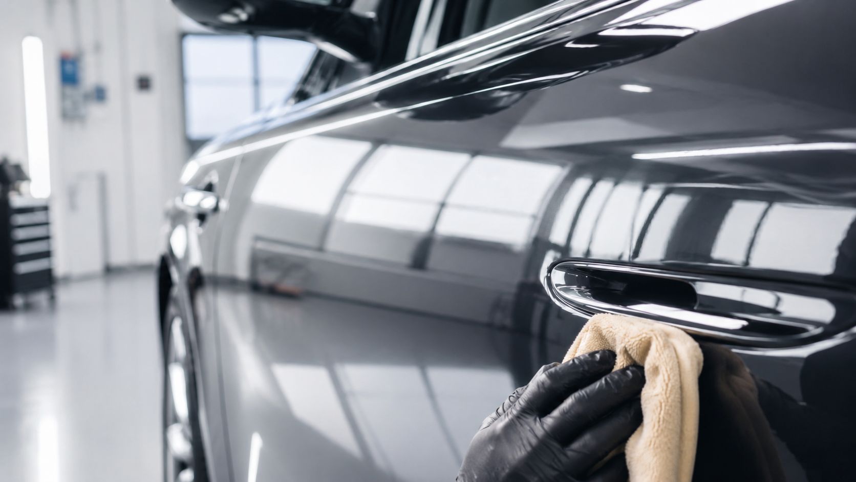A professional technician wearing black protective gloves wipes a sleek, dark luxury car door handle.