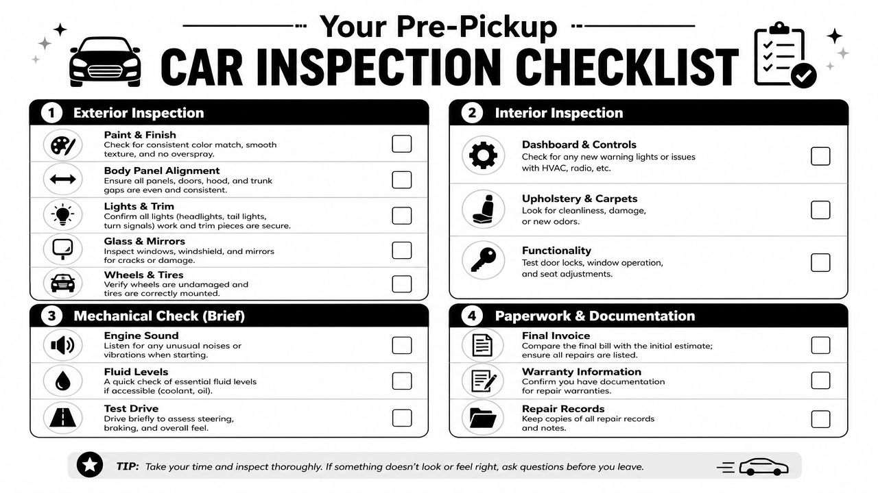 A car inspection checklist for vehicle owners to review their vehicle after picking it up from service.
