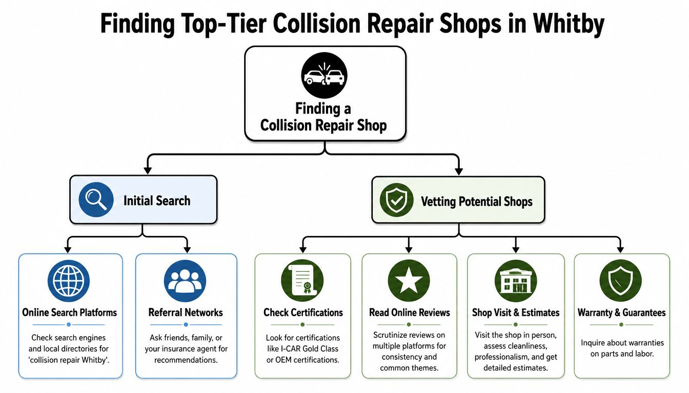 A flowchart outlining the steps to find and vet a professional collision repair shop in Whitby.