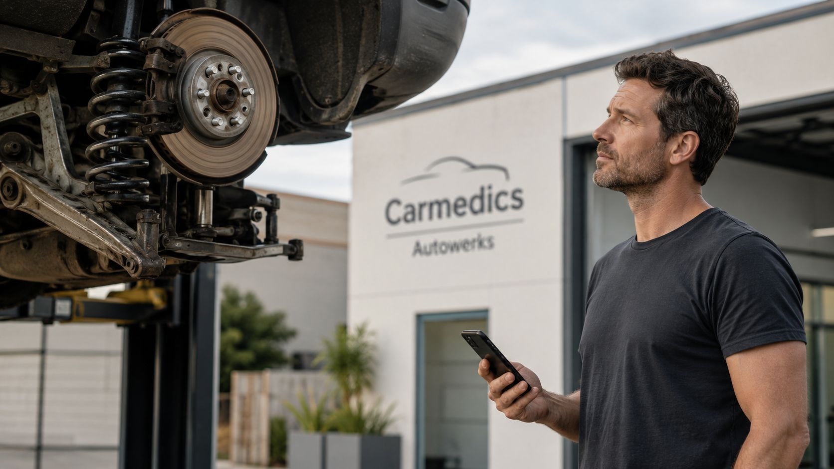 A professional mechanic holding a smartphone while inspecting a vehicle lifted on a car repair shop lift.
