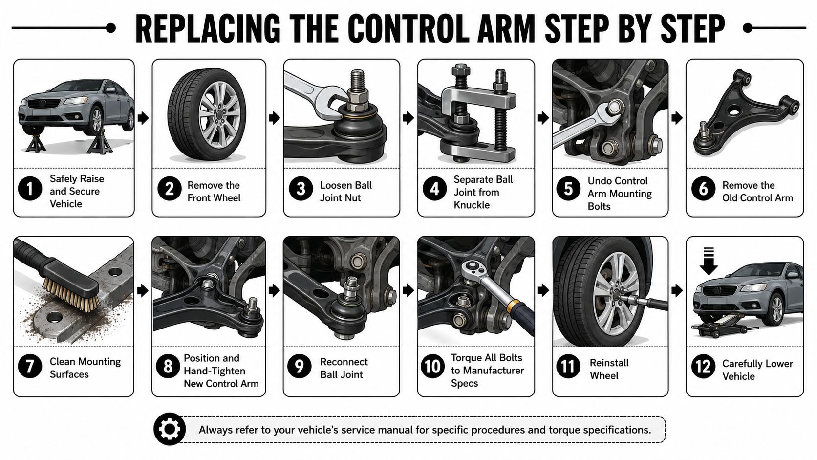 A twelve-step infographic illustrating the professional procedure for replacing a vehicle's control arm system safely.