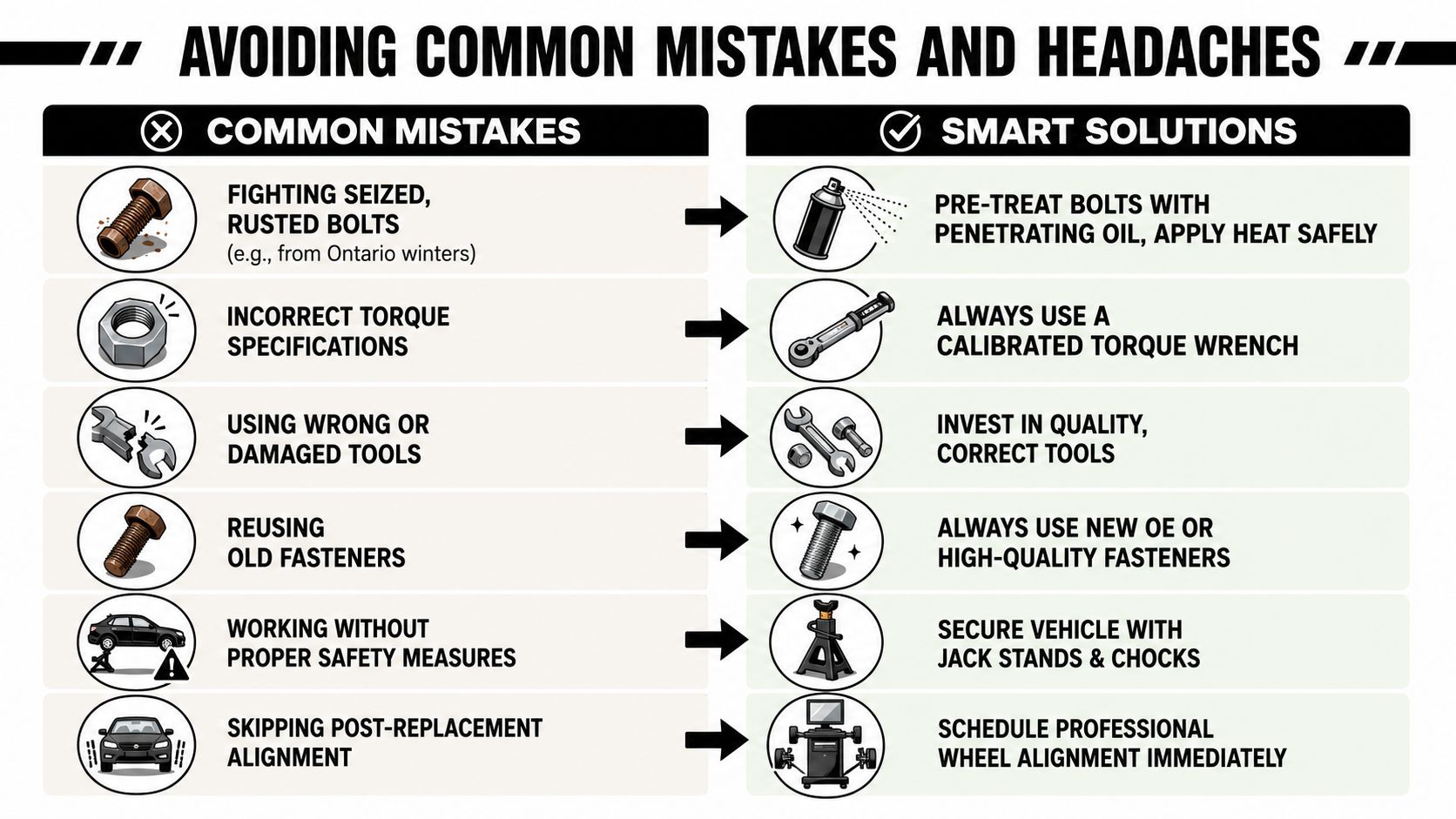 An infographic showing common mistakes and smart solutions when performing vehicle repairs and bolt maintenance.