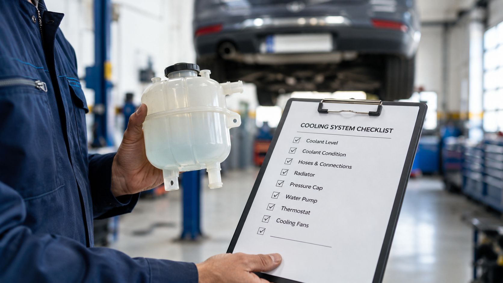 A mechanic holding a coolant expansion tank and a checklist in a professional automotive repair shop.