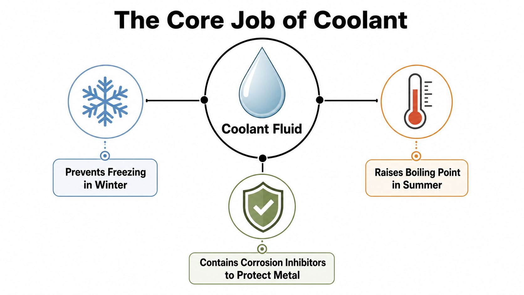 A diagram illustrating the three main functions of automotive coolant fluid: preventing freezing, raising the boiling point, and preventing corrosion.