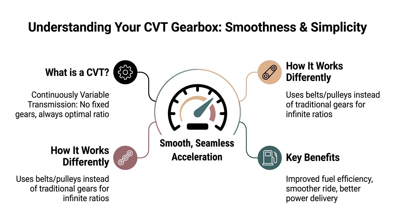 CVT Gearbox Service: Your Complete Guide for 2026 1 An infographic explaining the benefits and functionality of a continuously variable transmission (CVT) gearbox in vehicles.