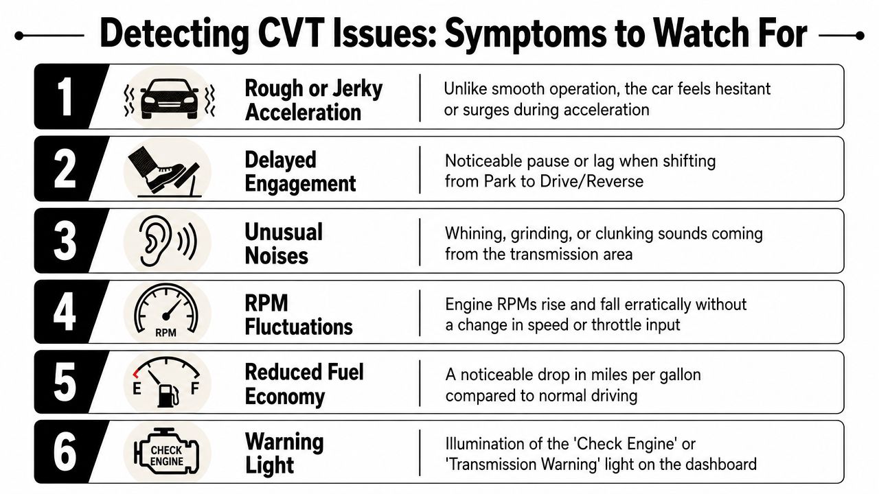 CVT Gearbox Service: Your Complete Guide for 2026 3 A list of six common symptoms indicating potential issues with a car's CVT gearbox transmission system.