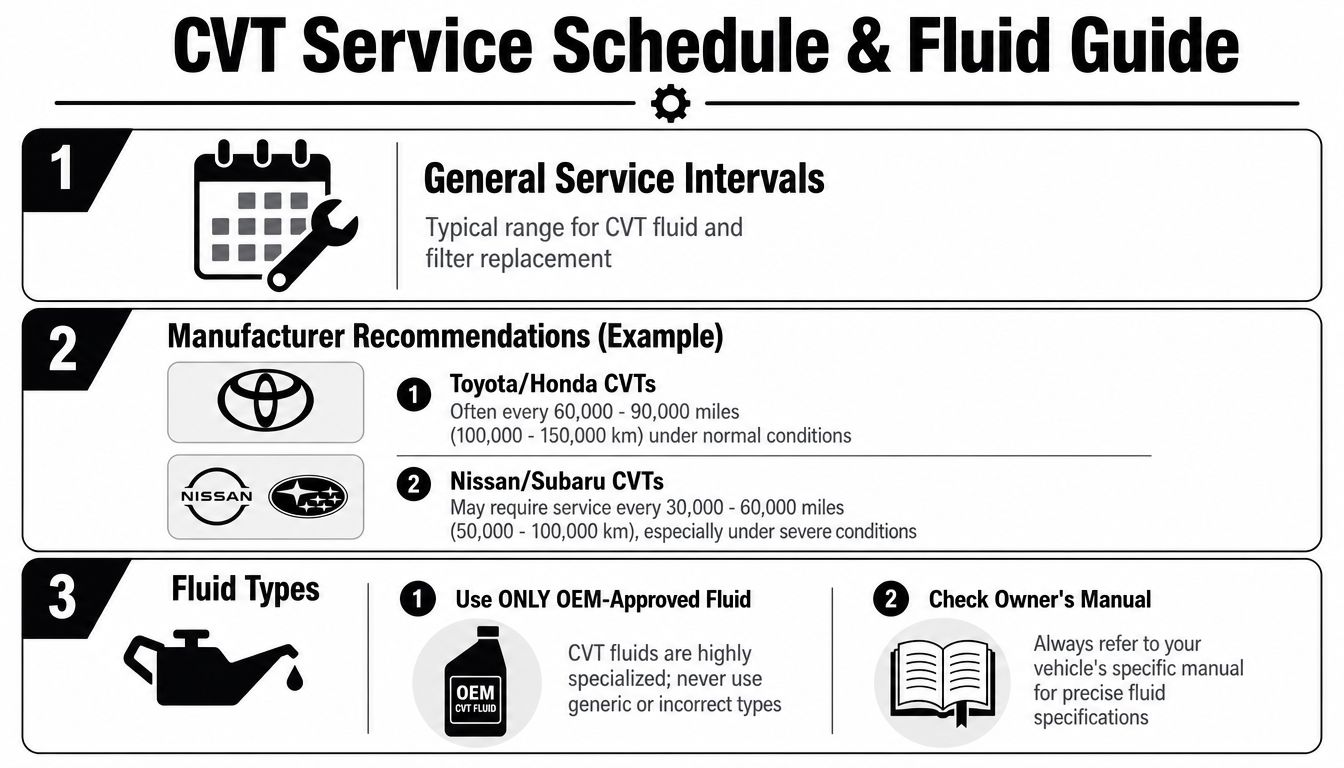 CVT Gearbox Service: Your Complete Guide for 2026 2 An infographic detailing CVT gearbox service intervals and recommended fluid types for various automotive manufacturers.