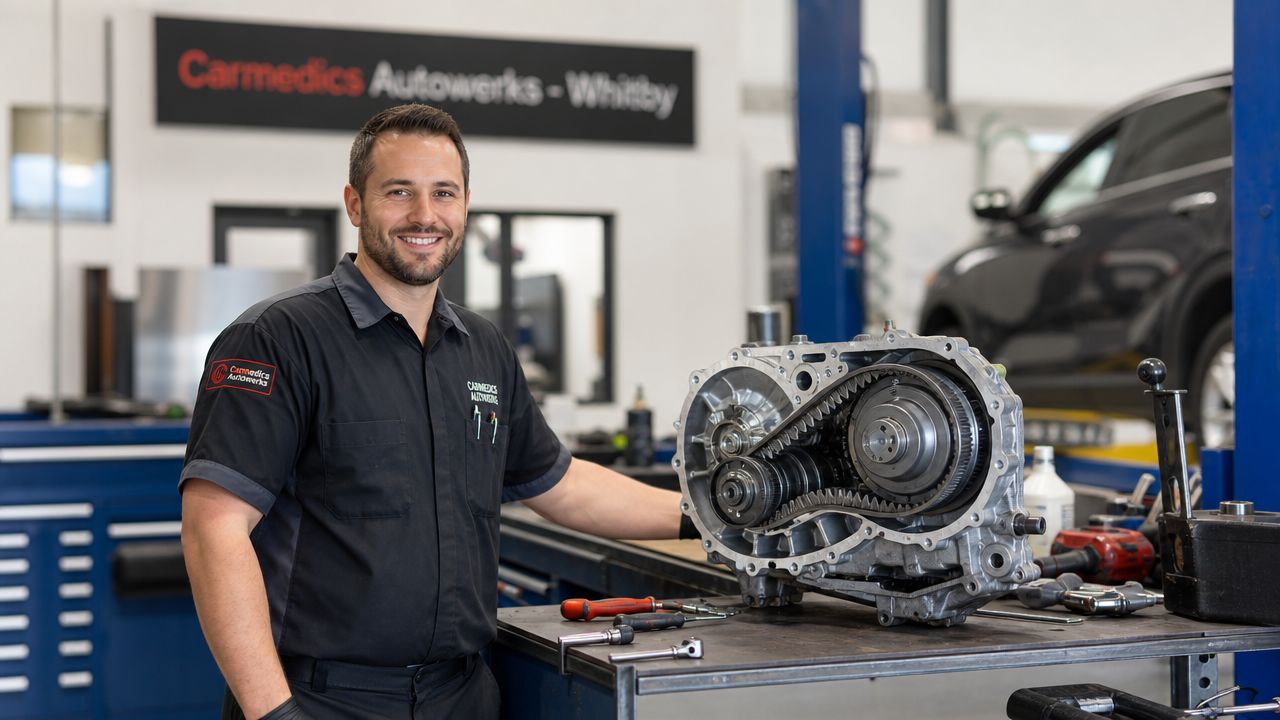 CVT Gearbox Service: Your Complete Guide for 2026 4 A professional mechanic standing next to an open CVT gearbox on a workbench in a modern auto shop.