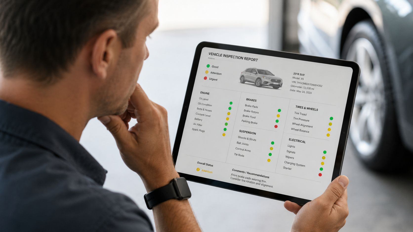 A mechanic reviewing a digital vehicle inspection report on a tablet in a car workshop.
