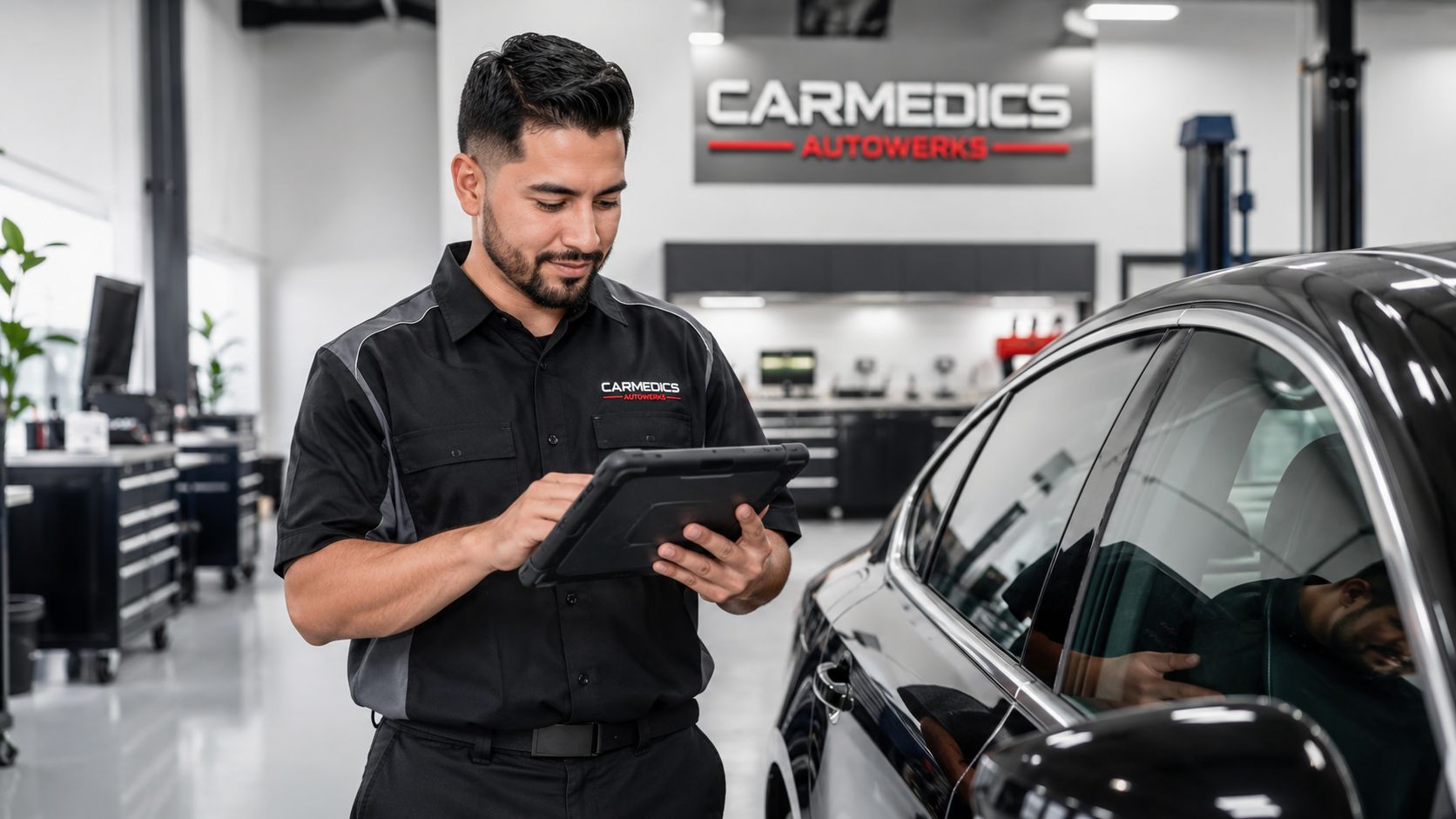 A professional automotive technician in a uniform uses a digital tablet for vehicle inspection in a shop.
