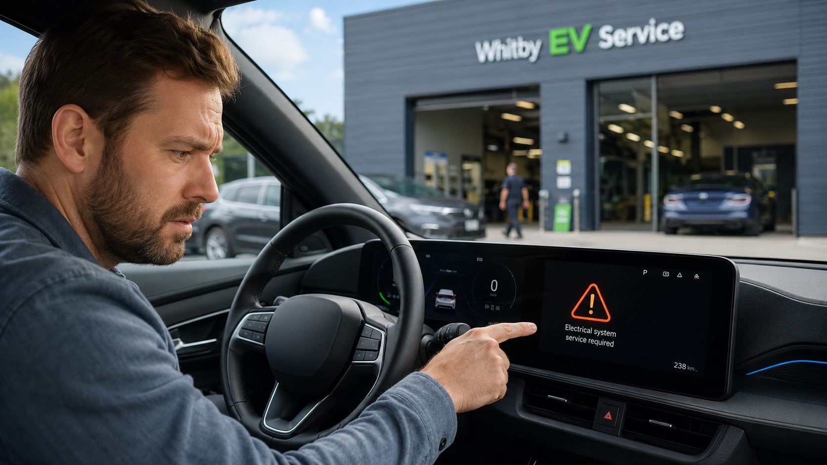 Electric Vehicle Maintenance: Your Complete 2026 Guide 4 A man in a car touches the dashboard display showing an electrical system service required warning notification.